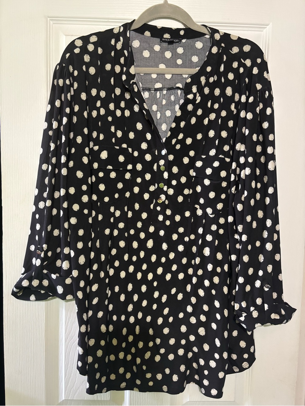 Ava & Grace Black Blouse with White Polka Dots